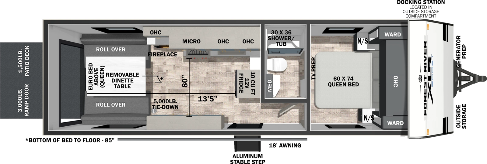 The XLR Boost 2413B floorplan is a toy hauler that has one entry and zero slide outs. Exterior features include: fiberglass exterior and 18' awning. Interiors features include: front bedroom.